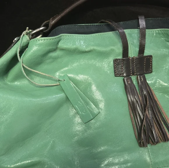 ​Tano Mint Green Leather Hobo Bag Tassel Whipstitch Handle Boho Slouchy - Picture 2 of 16